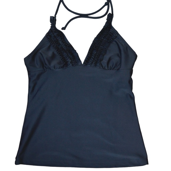 Hula Honey Black Halter Tie Ruffle Trim V Neck Tankini, Size Small - Picture 2 of 8